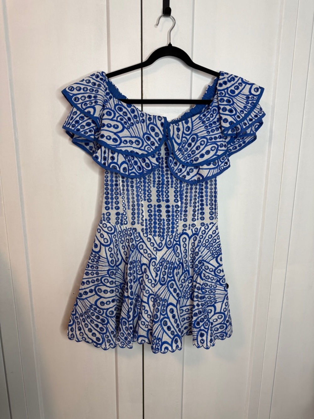 Medium Blue and White Off-Shoulder Eyelet Ruffle Dress